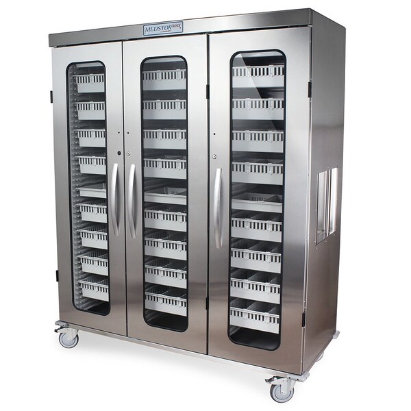 3 Column Stainless Medical Storage Cabinet with Double Wide Open Right Column, Glass Doors, Key Lock